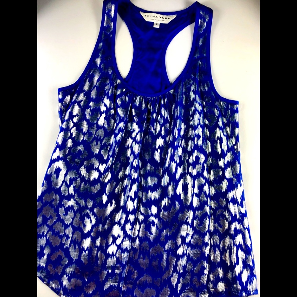 TRINA TURK Purple SILK Silver Metallic LEOPARD Print Racer Back Top Sz XS Petite